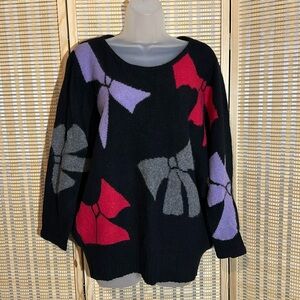 Vintage 1990s Fuzzy Black Sweater With Colorful Bows No Tags Best Fits Size XL